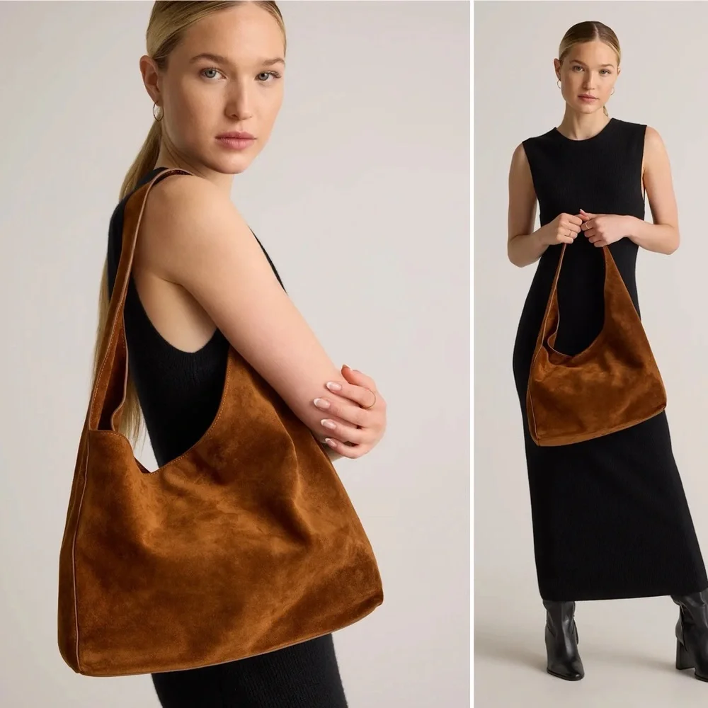 Quince Italian Leather Suede Slouchy Shoulder Bag in Whiskey Brown - Picture 15 of 16